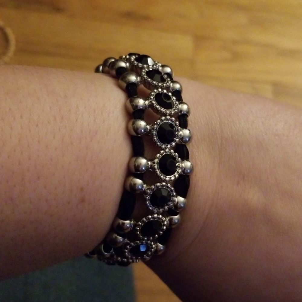 Bracelet silver tone with black ribbon